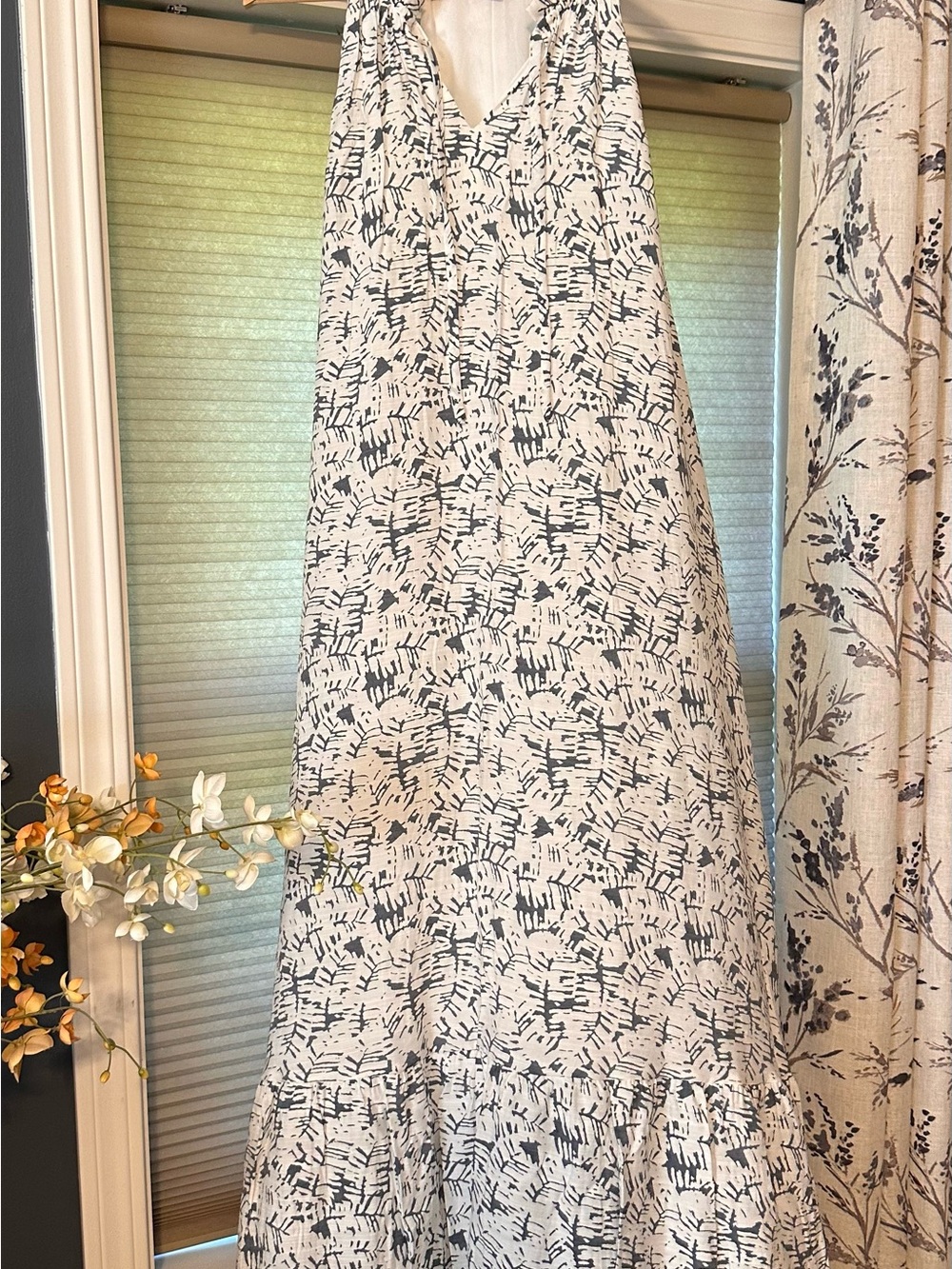 Nine West White Maxi Dress with Slate Blue Abstract Print